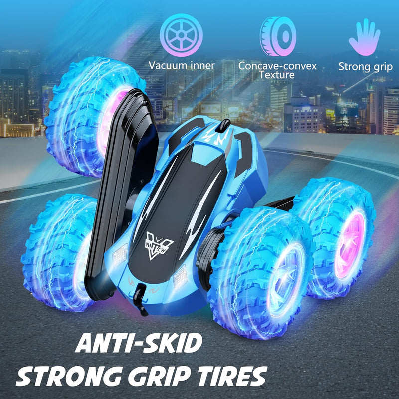 KKONES Remote Control car,2.4GHz Electric Race Stunt Car,Double Sided 360° Rolling Rotating Rotation, LED Headlights RC 4WD High Speed Off Road for 3 4 5 6 7 8-12 Year Old Boy Toys (Blue)