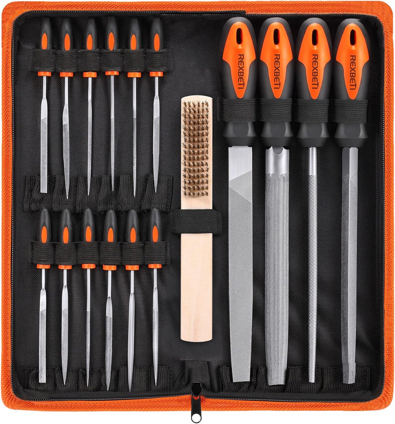 REXBETI 25Pcs Metal File Set, Premium Grade T12 Drop Forged Alloy Steel, Flat/Triangle/Half-round/Round Large File and 12pcs Needle Files with Carry Case, 6pcs Sandpaper, a brush,a pair working gloves