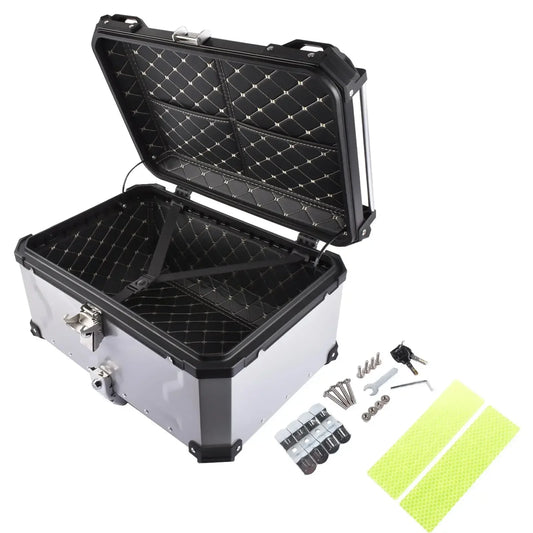 AP03 65L Aluminum Waterproof Motorcycle Top Case, Trunk Tail Box with Security Lock for Luggage (Silver)