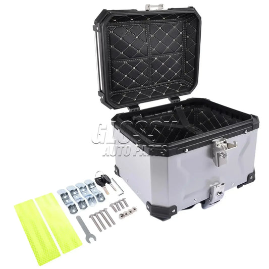 AP03 45L Motorcycle Top Case Aluminum Motorcycle Trunk Tour Tail Box with Security Lock Silver Waterproof