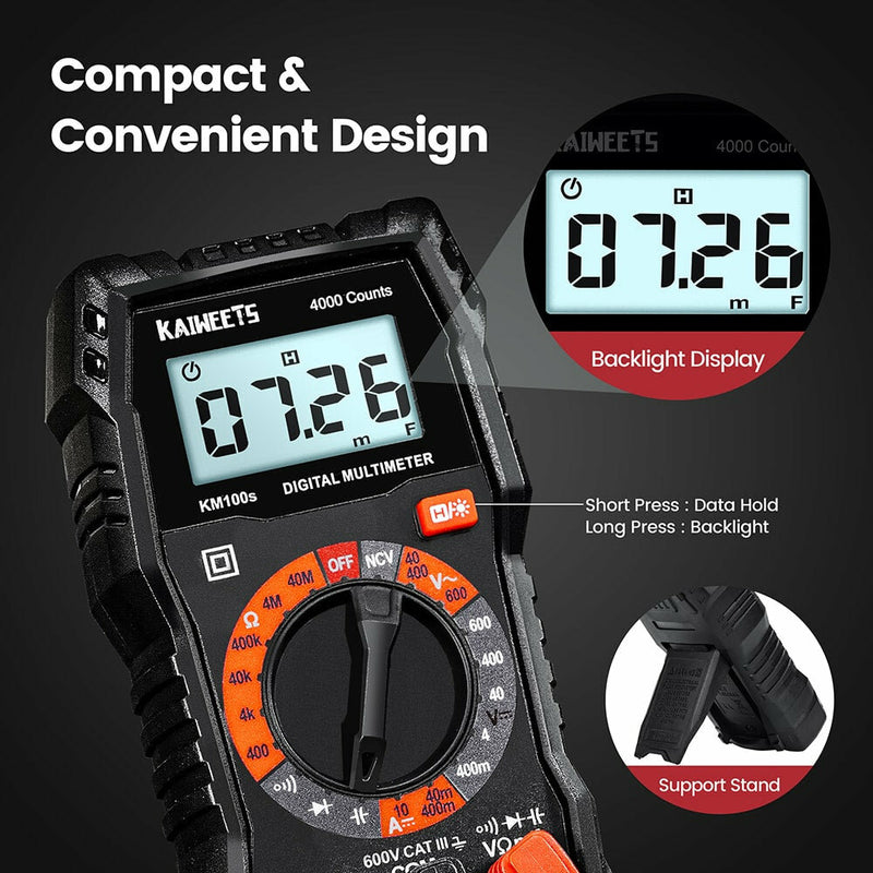 EU US Direct Kaiweets KM100S Digital Multimeter True-RMS Backlit for AC DC Voltage Current Resistance Capacitance Measures Ideal for Household Automotive and Industrial Usage