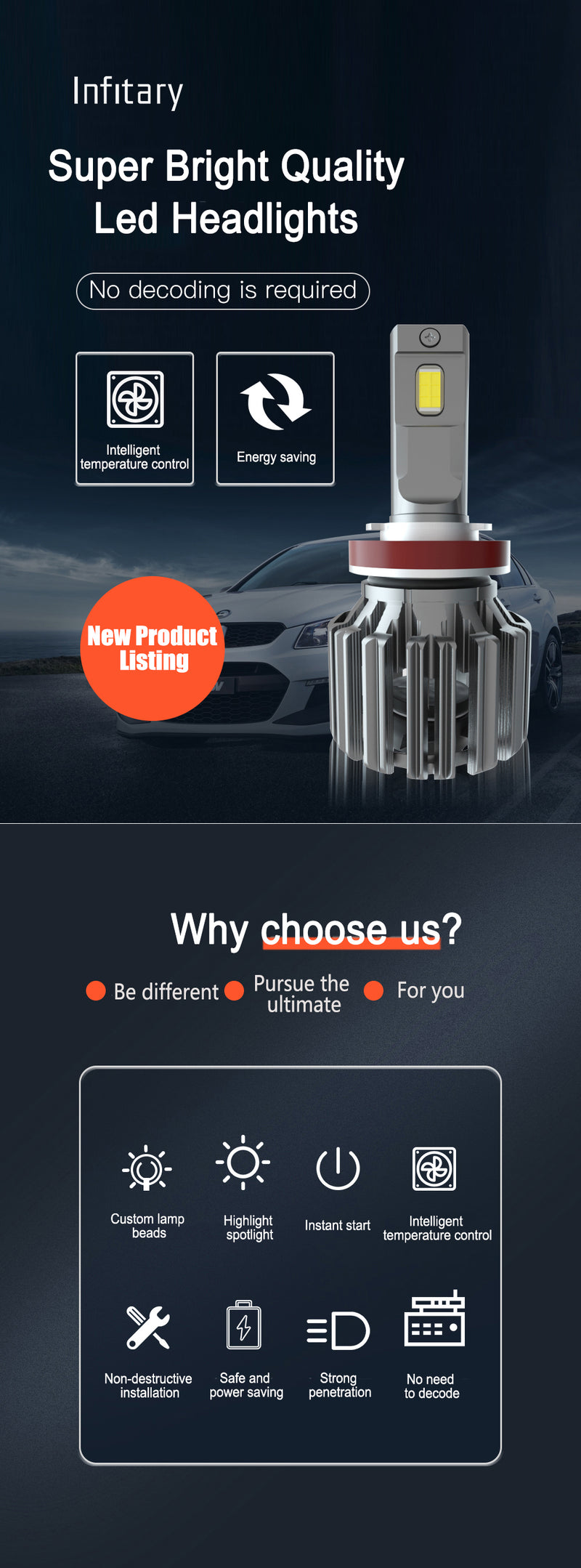 Q1 2PCS 220W 30000LM 6500K LED Car Headlight Bulbs H1 H4 H7 H11 9005 9006 with Decoding High Power Auto Lamp