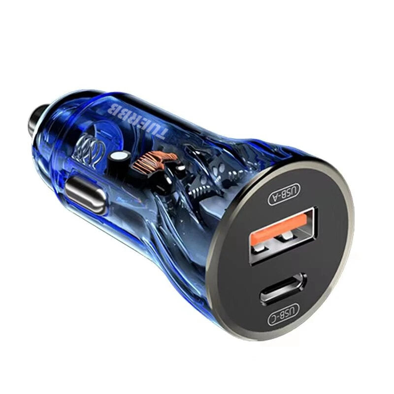 TUERBB CC01 Car Charger Fast Charging PD 30W QC4.0 USB with Blue LED Breathing Lights for iPhone 14 13 Pro Max