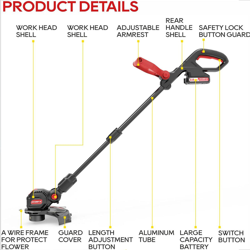 [USA Direct] Ecomax 12" Cordless String Trimmer & Edger 18V Electric Weed Wacker with 2 Battery & Charger Lightweight Weed Eater Edger Lawn Tool with 90 Degree Adjustable Head for Yard and Garden