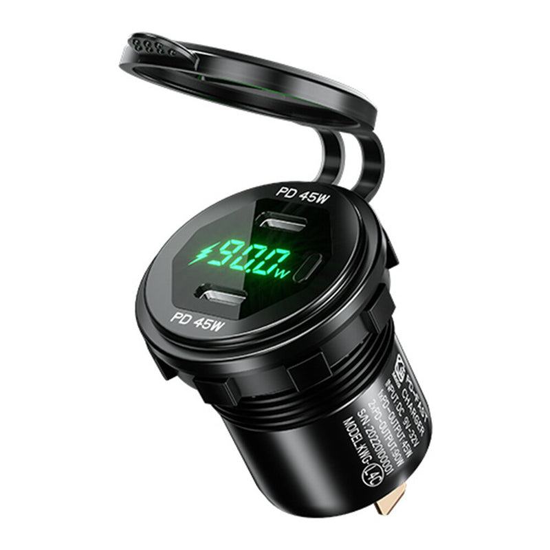 12-24V 90W Metal Car Charger Socket Dual 45W USB C Type C PD with ON/OFF Switch Voltage/Power Display for SUV Motorcycle Truck Boat Bus RV ATV