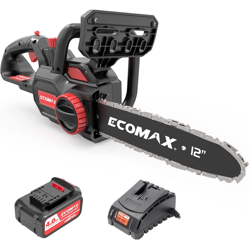 [USA Direct]Ecomax ELG05 Cordless Chainsaw 12-Inch 18V Electric Chainsaw with 4Ah Battery & Fast Charger Powerful Chain Saws with Double Safety Switch for Wood Cutting ideal for Farm Backyard Garden Ranch