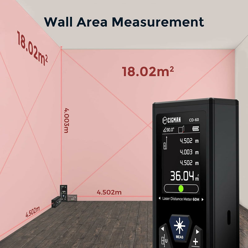 EU US Direct CIGMAN CD-60 393ft 120M Dual Laser Distance Meter High Precision Rechargeable Bilateral Unidirectional Measure with Large LCD Display Multifunctional Modes Ideal for Construction Sites Home Renovation Projects