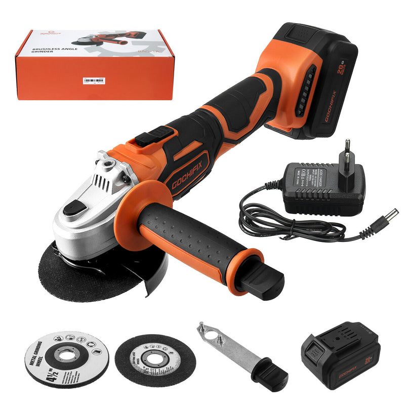 GOCHIFIX 8000RPM Cordless Brushless Angle Grinder 4Ah Li-Ion Battery Power Angle Grinders 3-Position Ergonomic Handle Dust-Proof Design with Grinding Cutting Wheel for Metal Wood