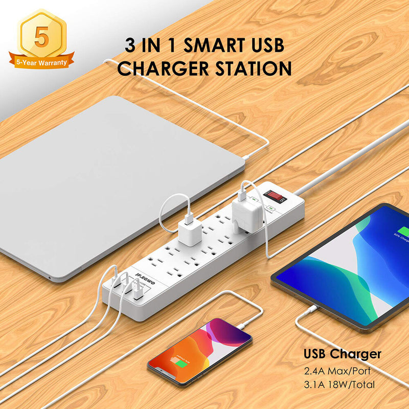 JF.EGWO 3 USB Efficient and Safe Power Strip with Surge Protection USB Outlet with 12 Outlets Flat Plug For Smart Phone Charging