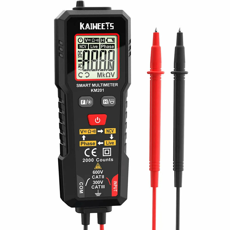 US EU Direct KAIWEETS KM201 Digital Multimeter True-RMS 2000 Counts - Measures Up to 600V AC/DC Voltage Resistance Frequency with Backlight and Flashlight Auto Mode Data Hold Overload Protection