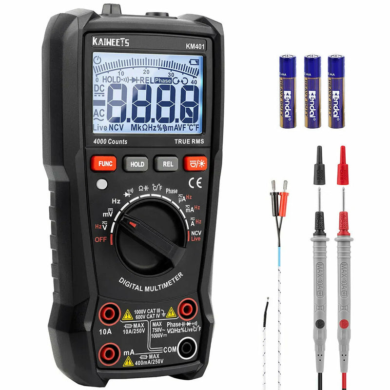 KAIWEETS KM401 Digital Multimeter AC/DC Voltage Resistance Continuity Diode Capacitance Temperature Tester Phase Sequence Detection User-Friendly with Data Hold Backlight