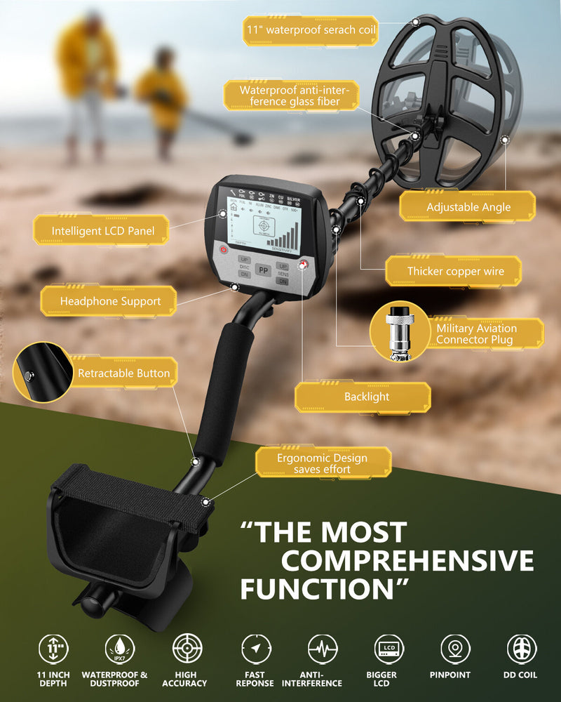 Professional Waterproof Metal Detector with 12-inch Coil Advanced US Chip LCD Display Adjustable Stem for Precise Treasure Hunting