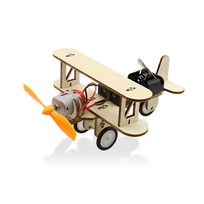 DIY Electric Taxiing Aircraft Model Toys Wooden plane Dual Motor Biplane for Children Small Inventions Scientific Experiments Gift Kids Assembled