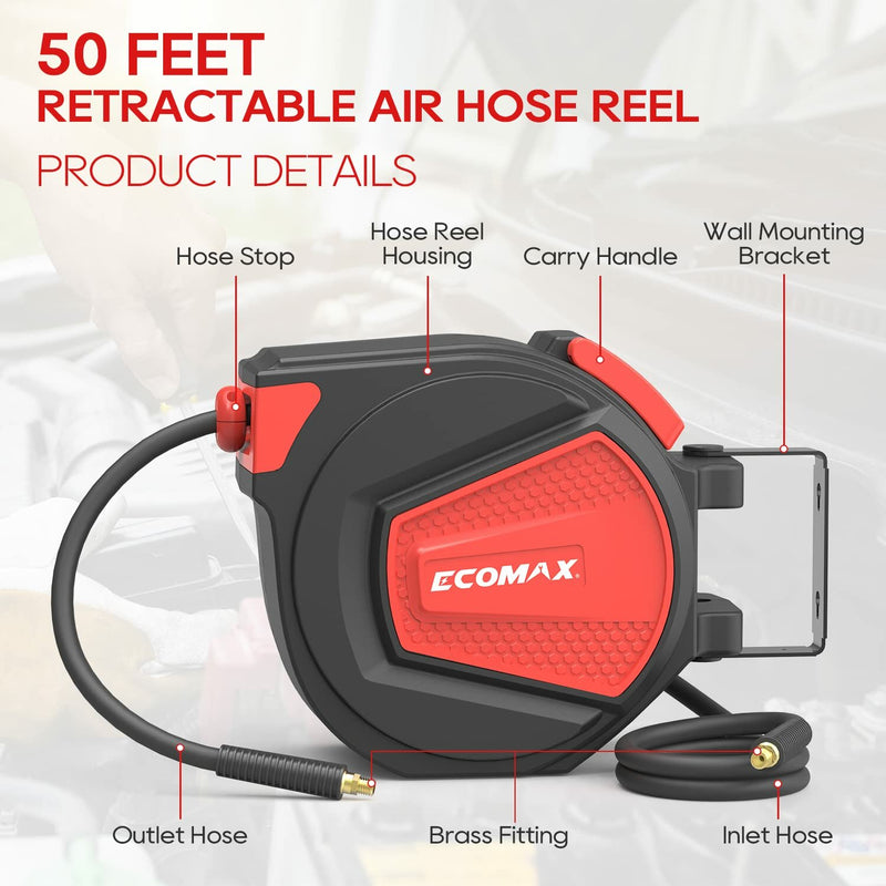 [US Direct] ECOMAX 3/8 in. x 50 ft Retractable Enclosed Air Hose Reel with Auto Rewind Heavy Duty Reel NPT 1/4 Inch Any Length Lock 180° Swivel Bracket MAX Pressure 348 PSI