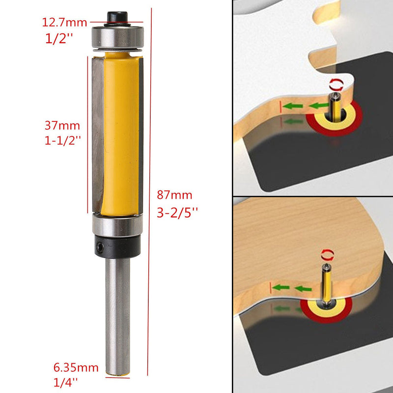 Drillpro 1/4 Inch Shank Flush Trim Router Bit Woodworking Tool Top with Bottom Bearing