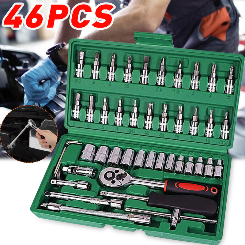 46Pcs 1/4 Inch Car Repair Tool Set Ratchet Torque Wrench Combo Hand Tools Mixed Kit