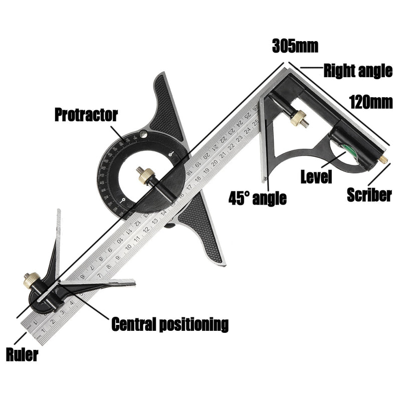 12" 300mm Combination Square Protractor Level Measure Measuring Angle Ruler Set