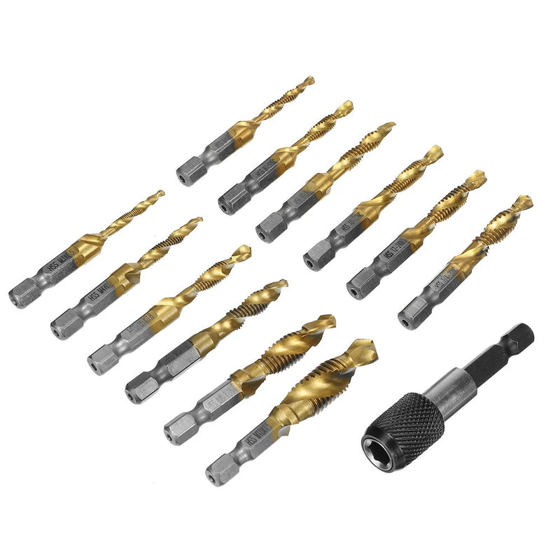 13pcs M3-M10 Metric Screw Thread Tap Drill Bits Set Hex Shank Drill Bit Screw Compound Tap Hand Tools with Joint Rod