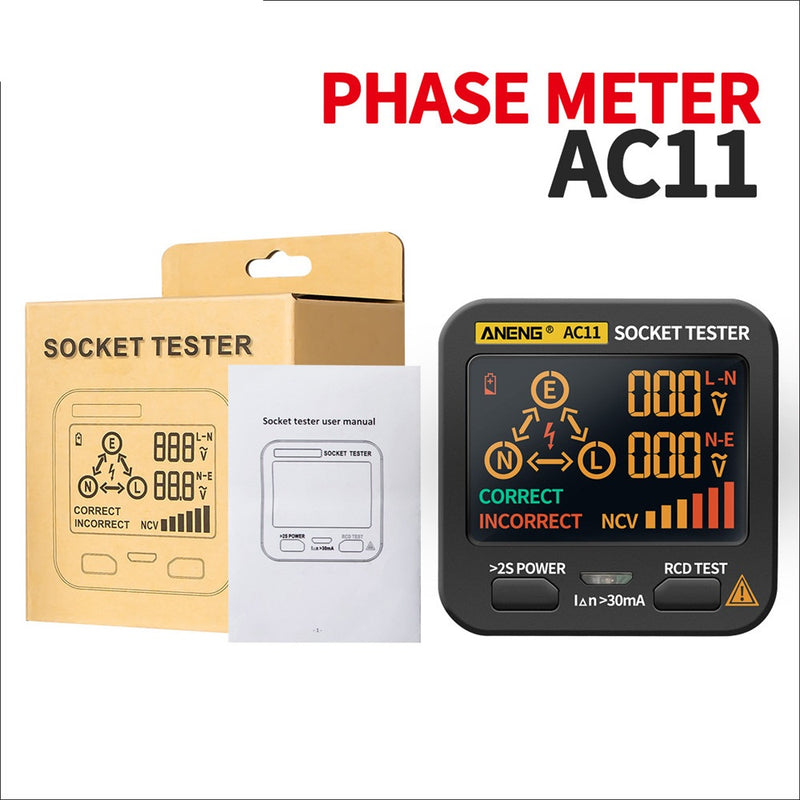 ANENG AC11 LED Screen Muti-function Socket Tester Phase Meter Phase Polarity Detector 0.1V~250V AC Voltage Measurement Zero/Fire Wire Identification