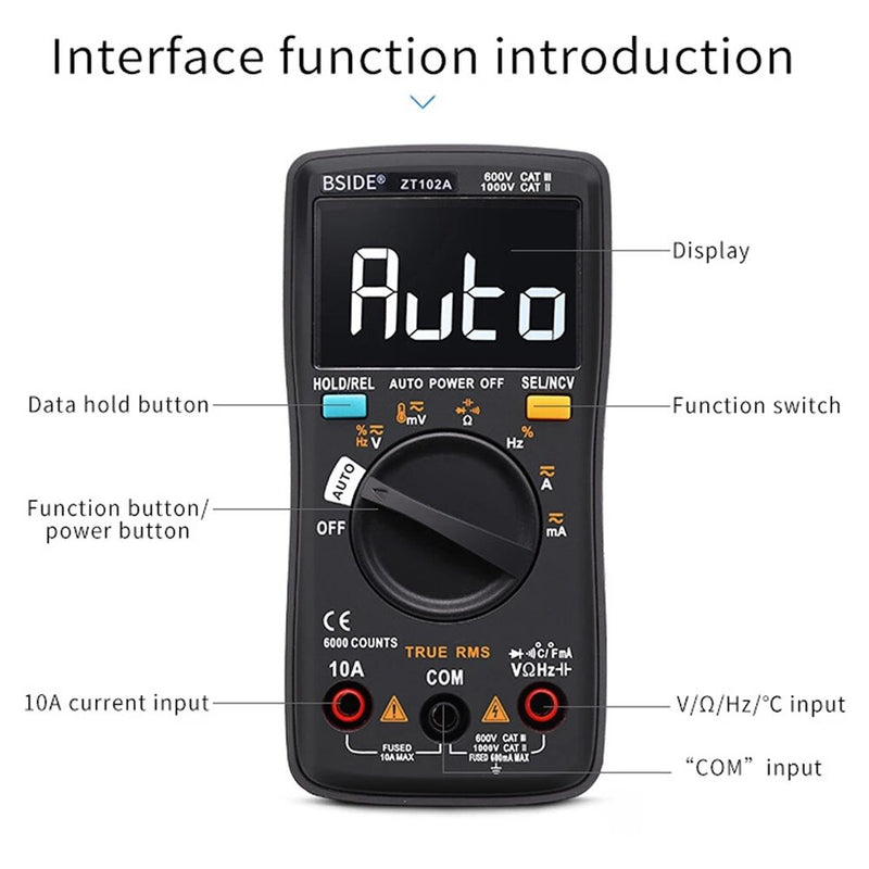 ZT102A Digital Multimeter EBTN LCD True-RMS AC/DC Voltage Current Temp Ohm Frequency Diode Resistance Capacitance Tester