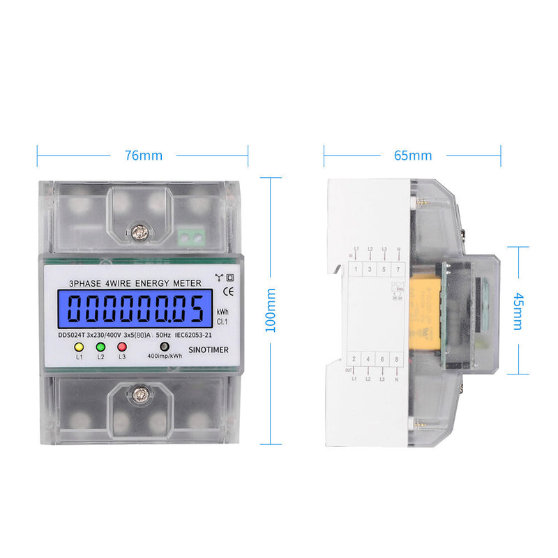 SINOTIMER DDS024T Din Rail 380V 80A 3 Phase 4 Wire Electronic Watt Power Energy Meter Wattmeter KWh LCD Backlight Display with Transparent Cover
