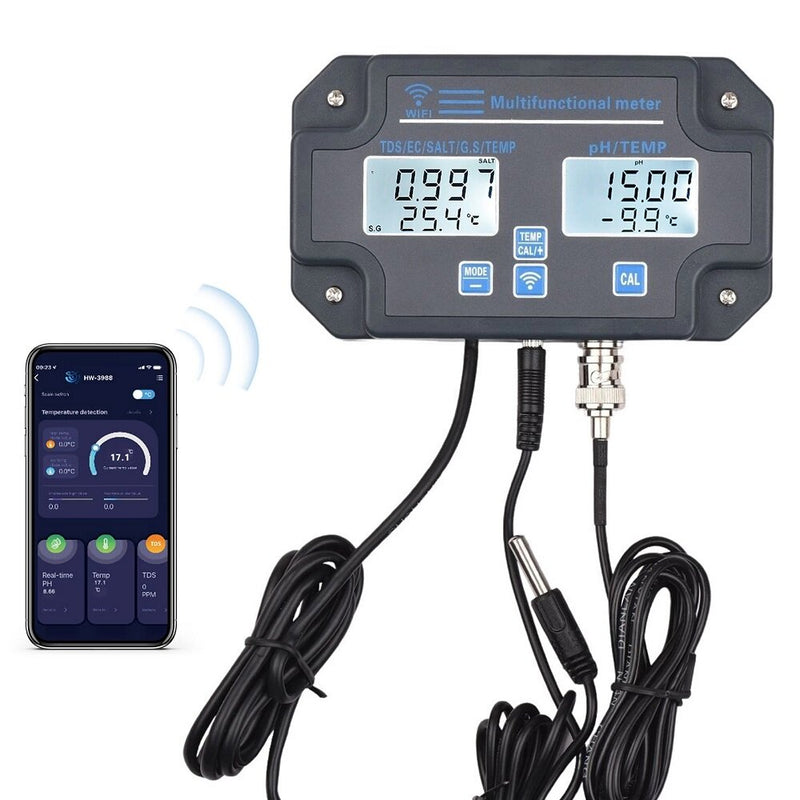 6-in-1 PH/EC/TDS/SALT/G.S/Temperature WIFI Water Quality Tester Wall Mounted Water Analyzer APP Remote Control