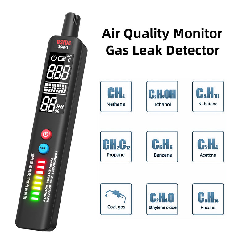 BSIDE X4A Combustible Gas Leak Detector Air Temperature Humidity Tester Portable Natural Gas Sniffer Combustible Gas Propane Methane Butane with 8 LED Indicators