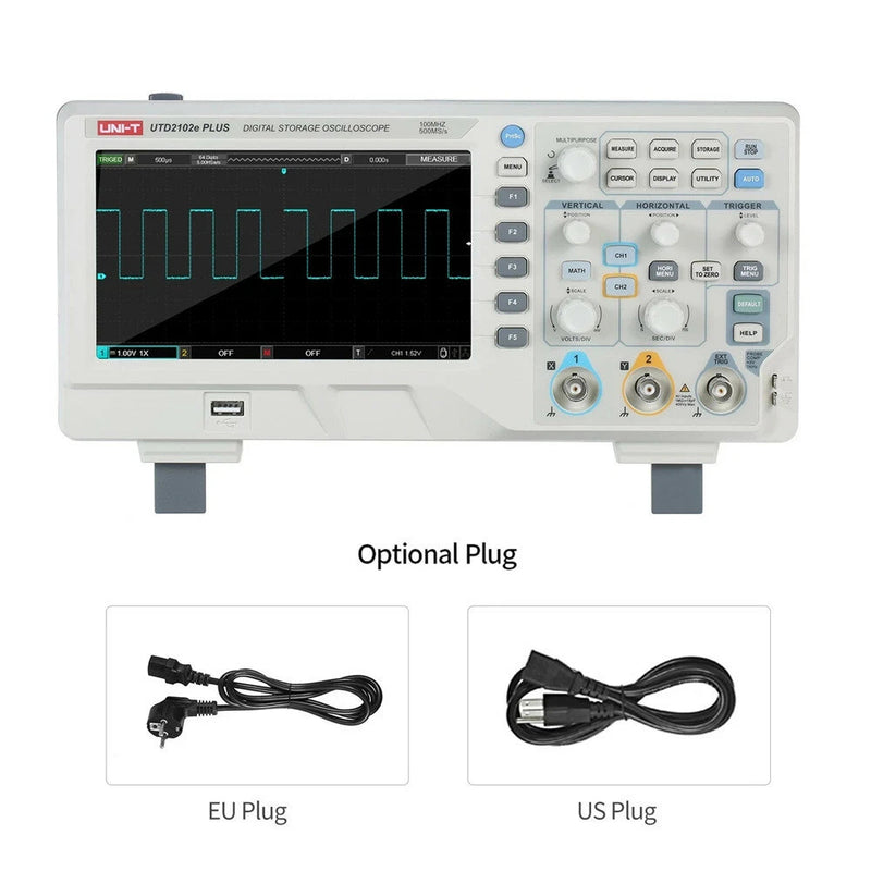 UNI-T UTD2102e PLUS Digital Oscilloscope with 7-inch LCD Display Scopemeter with 100MHz Bandwidth 2 Channels 500MS/S Real Time Sample Rate 64kpts Depth Storage