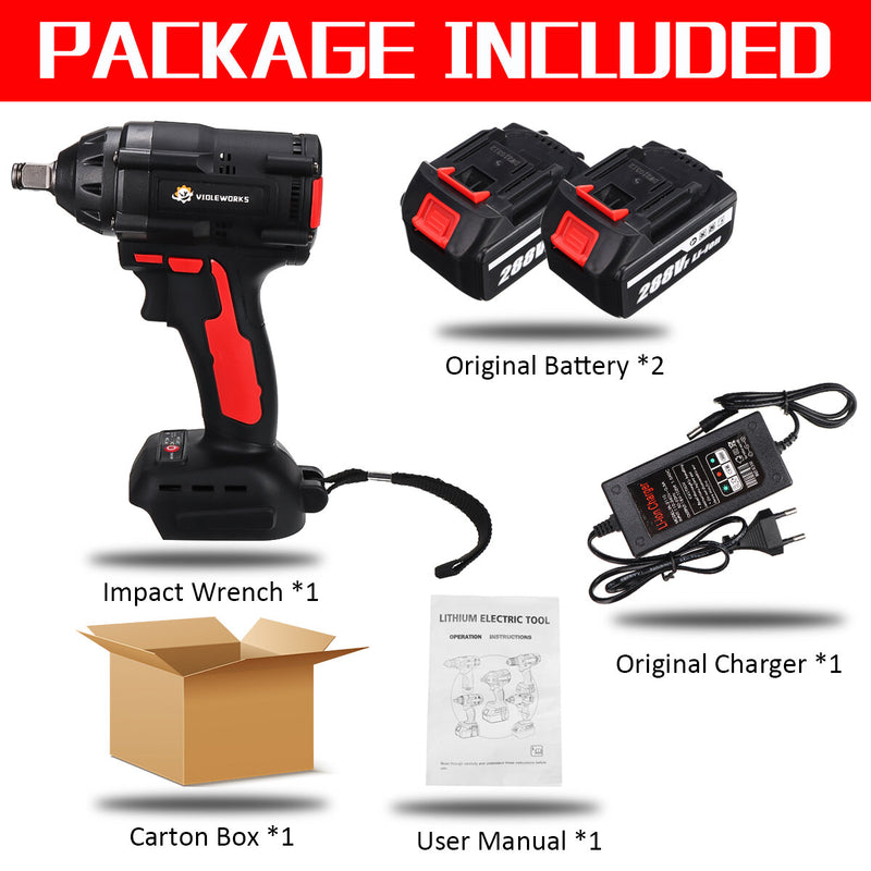VIOLEWORKS 288VF 1/2Inch 520NM Max. Brushless Impact Wrench Li-ion Electric Wrench W/ 2/1/0 Battery Also for Makita Battery
