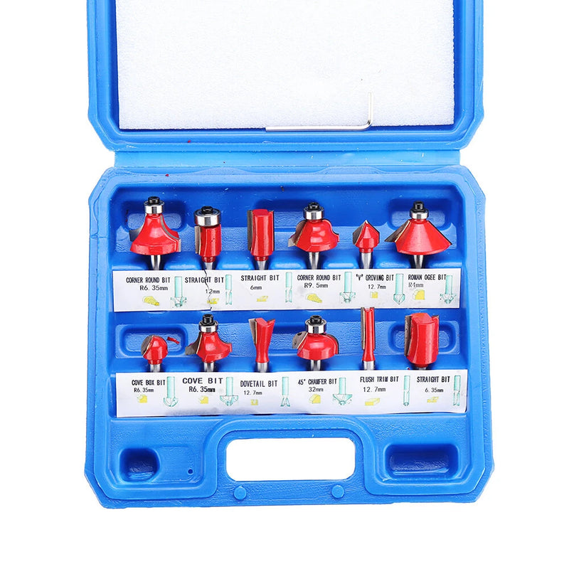 12pcs 1/4 Inch Shank Router Bit Set Trimming Straight Corner Beading Bits for Wood Milling Cutter Carbide Cutting Woodwork Tool