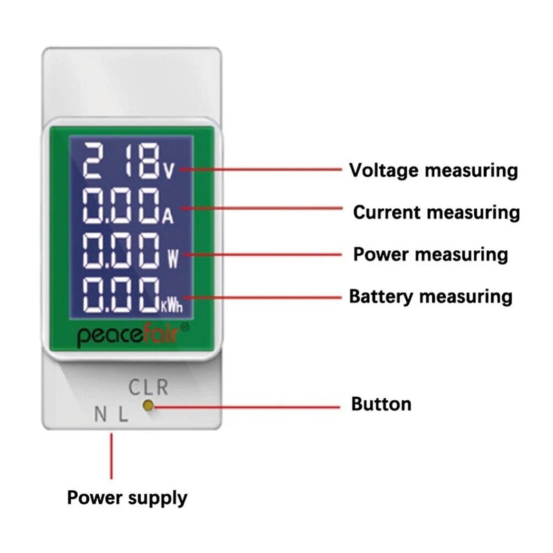 Peacefair PZEM-008 AC50-300V/100A LCD Screen Digital Display Multifunctional Guide Rail Table Voltage Tester Ammeter Voltmeter with Backlight