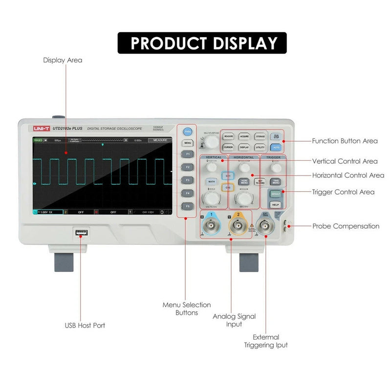UNI-T UTD2102e PLUS Digital Oscilloscope with 7-inch LCD Display Scopemeter with 100MHz Bandwidth 2 Channels 500MS/S Real Time Sample Rate 64kpts Depth Storage