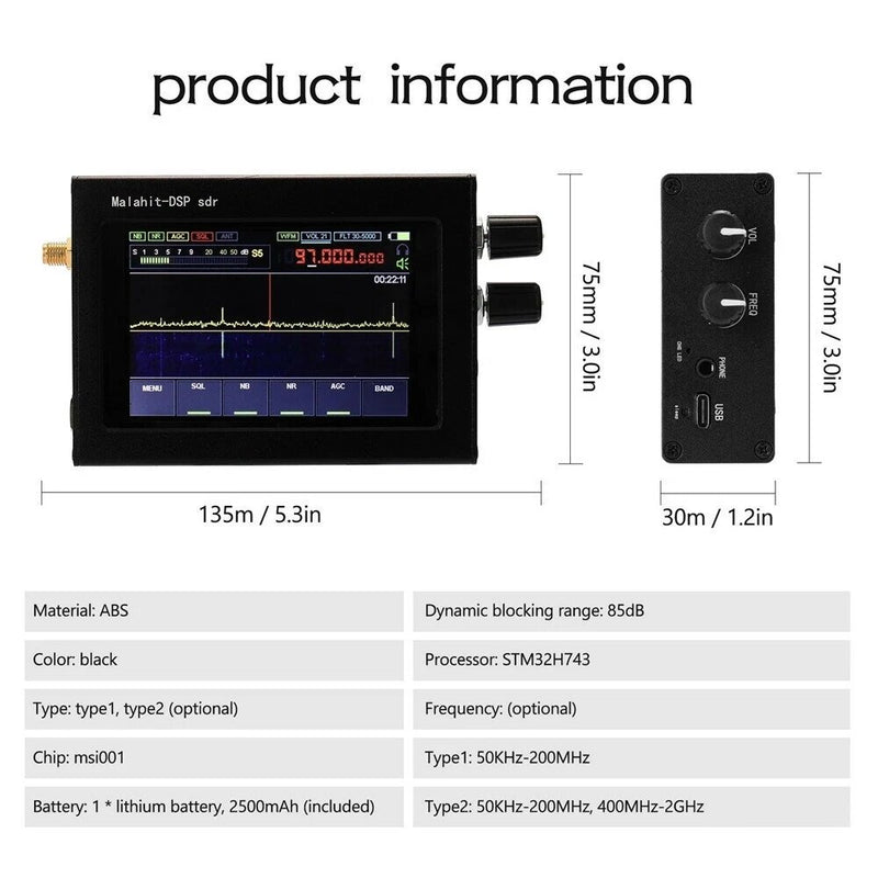 50KHz-200MHz 400MHz-2GHz Malachite SDR Radio DSP SDR Receiver 3.5" Touch Screen AM/SSB/NFM/WFM Analog Modulated
