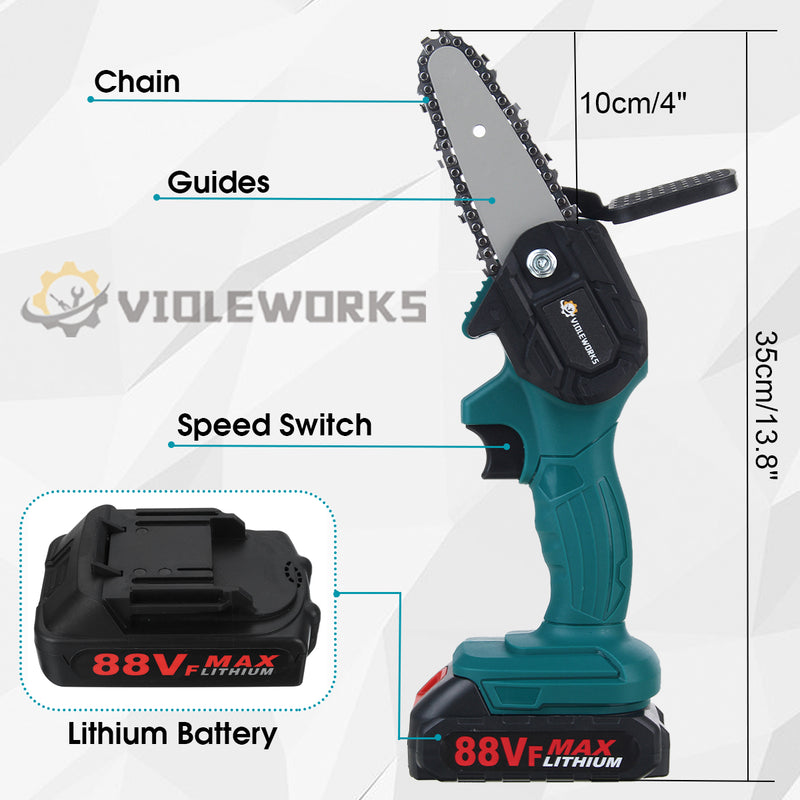 VIOLEWORKS 88VF Electric Chain Saws Cordless 4 Inch One Hand Saw Woodworking Cutting Power Tools W/ 1 or 2pcs Battery for Makita