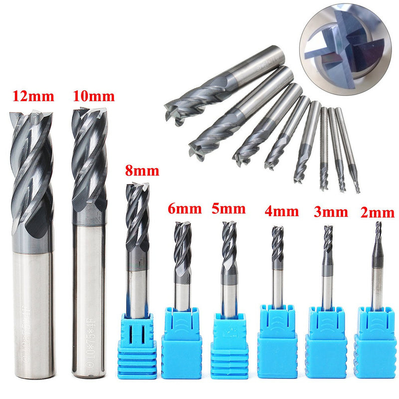 Drillpro 8pcs 2-12mm 4 Flutes Carbide End Mill Set Tungsten Steel Milling Cutter CNC Tool