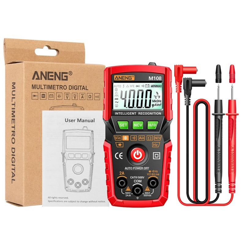 ANENG M108 Digital Mini Multimeter Tester Auto True RMS Transistor Meter with NCV Data Hold 4000 Counts with Flashlight