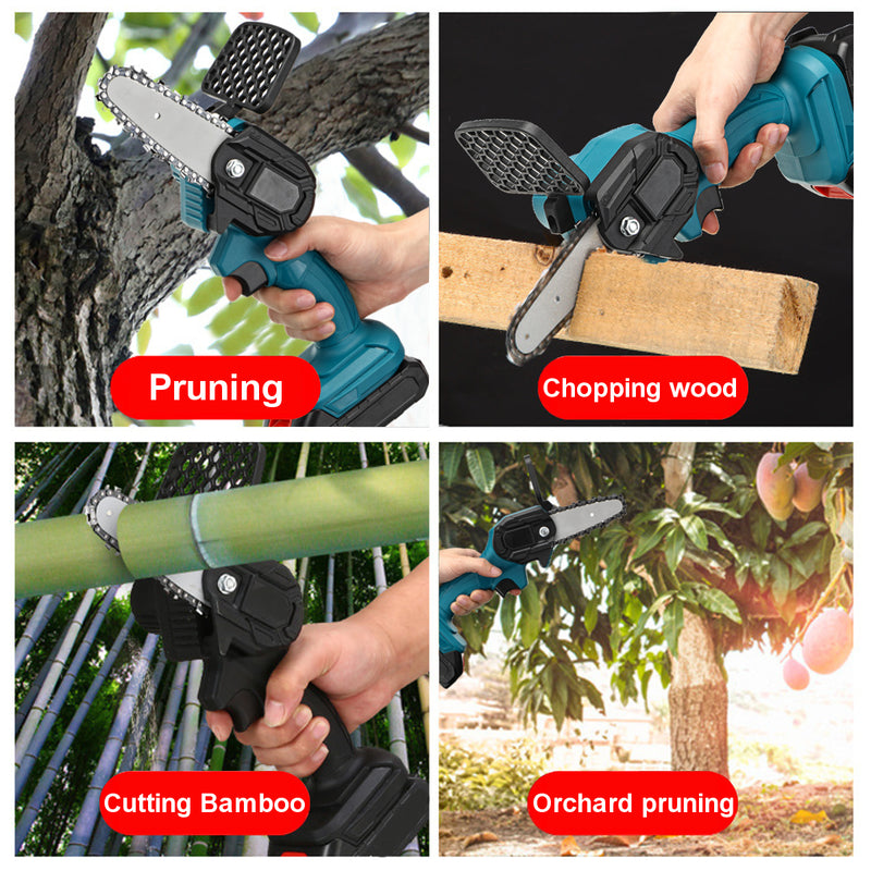 550W 21V 4'' Mini Cordless One-Hand Electric Chain Saw Woodworking Wood Cutter W/ 2pcs Battery
