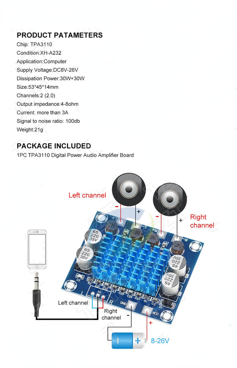 TPA3110 XH-A232 30W+30W 2.0 Channel Digital Stereo Audio Power Amplifier Board DC 8-26V 3A for Arduino
