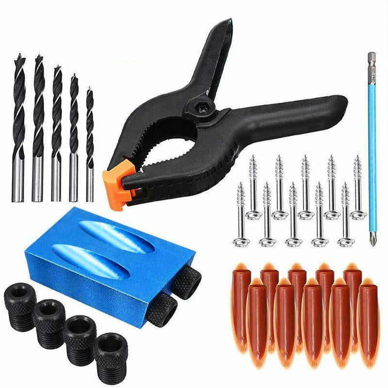 34Pcs Pocket Hole Screw Jig with Dowel Drill Tools Carpenters Wood Joint Sets