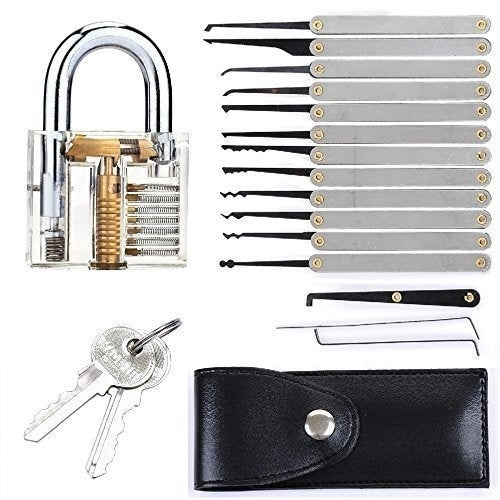 12Pcs Unlocking Lock Pick Set Key Extractor Tool + Transparent Lock Padlock