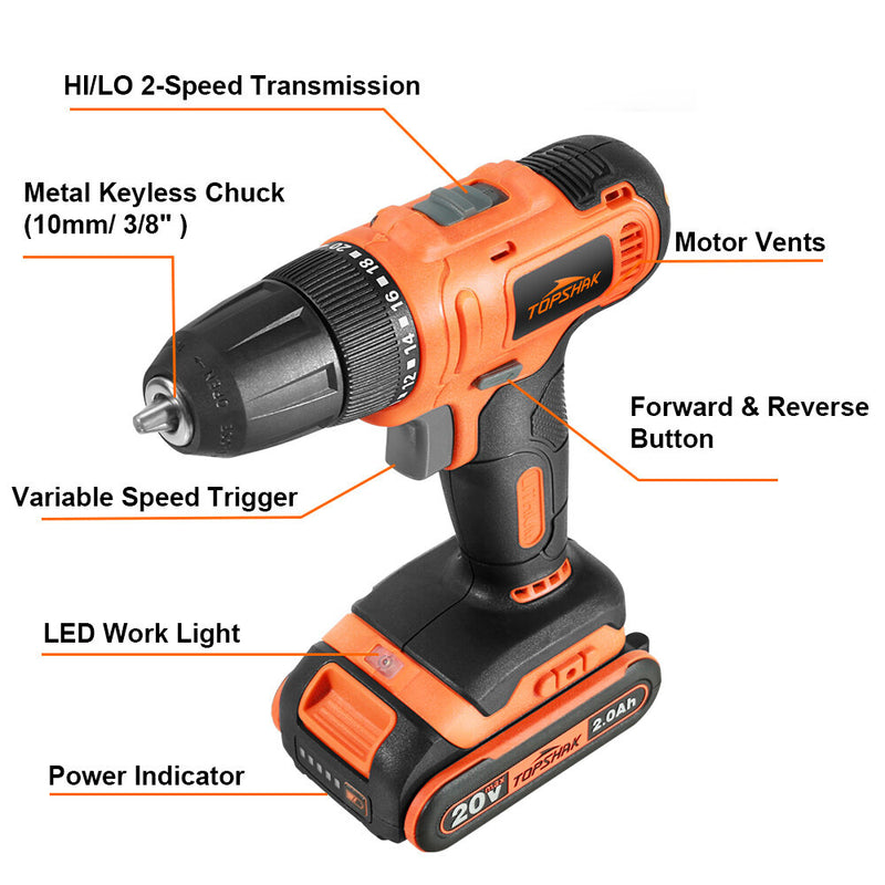 TOPSHAK TS-ED3 20V 10mm Electric Drill 2 Gear Speed Adjustment Switch Stepless 30N.m Torque with Battery EU/US Plug and 43pcs Accessories