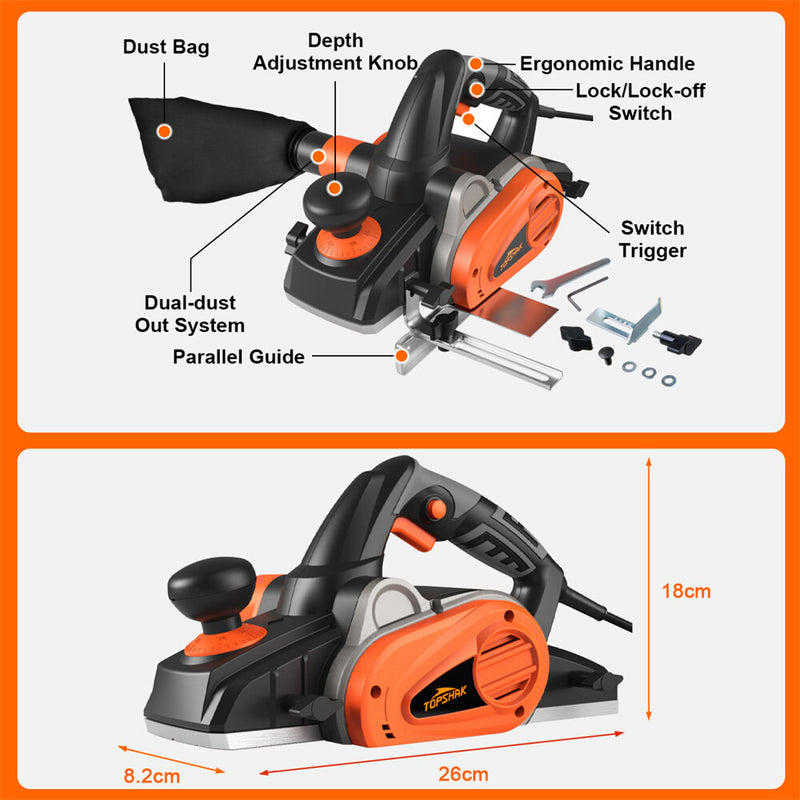 TOPSHAK TS-EP3 1200W 10-Amp Electric Corded Hand Planer 4-3/8-Inch Woodworking Cutting Machine