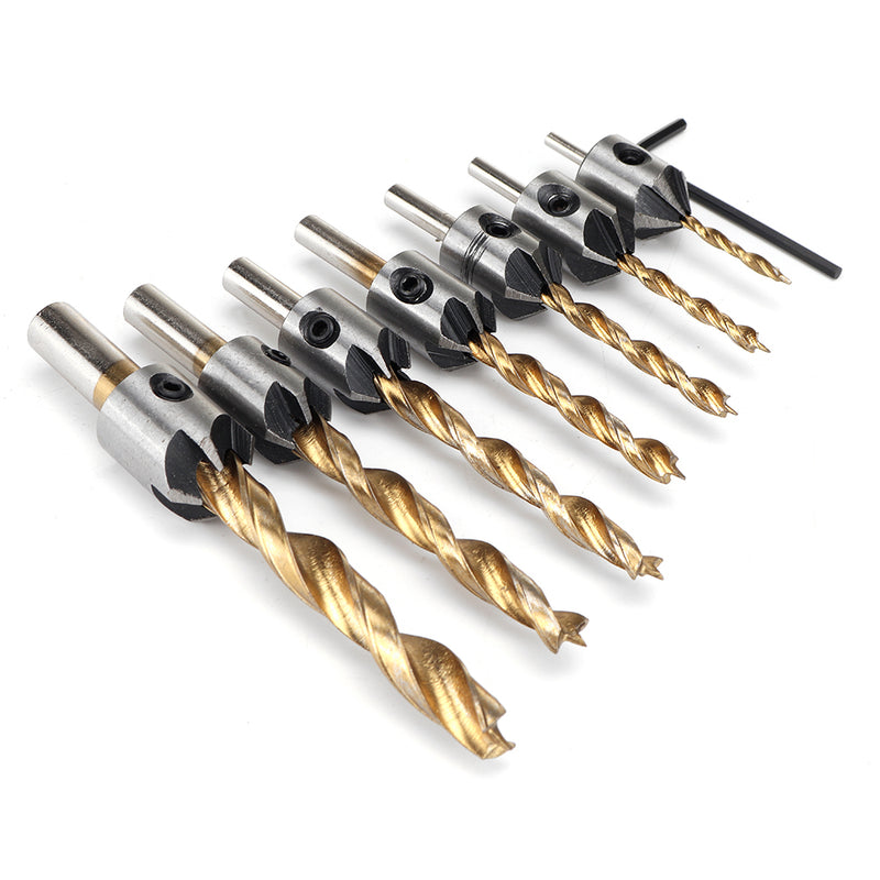 7/8Pcs 3-10mm Round Shank Countersink Drill Bit Set Replacement Three Point Drill Set Carpentry Boring Tool Woodworking Tool with Hexagon L-Wrench