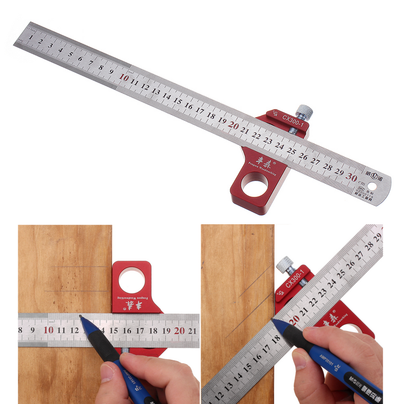Drillpro CX300-1 Adjustable 45/90 Degree Line Scriber Marking Ruler Angle Ruler Inch and Metric Magnetic Positioning Measuring Ruler Woodworking Tool