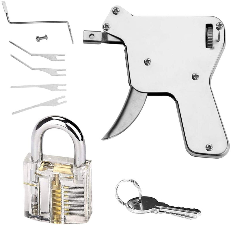 Stainless Steel Strong Lock Pick Gun Locksmith Tool Door Lock Opener+Transparent Lock Padlock