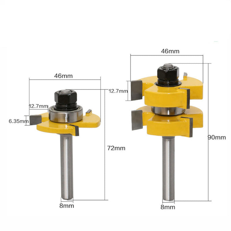 Drillpro 2Pcs 8mm Shank Tongue Groove Joint Router Bits Three-tooth T-type Assemble Milling Cutter for Wood Woodworking Cutting Tools
