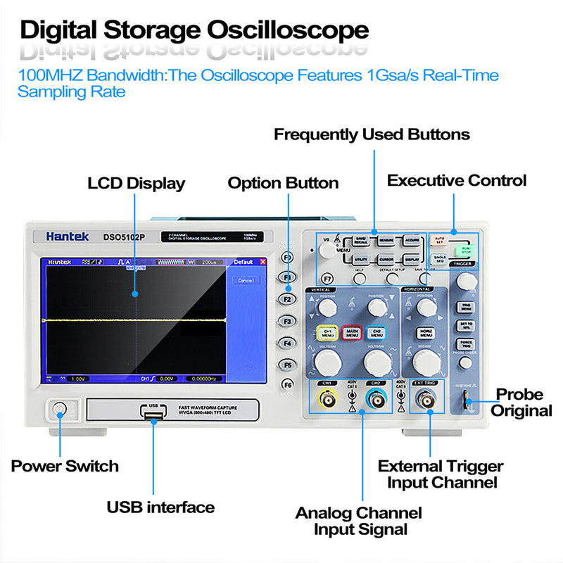 Hantek DSO5102P USB Digital Storage Oscilloscope 2Channels 100MHz 1GSa/s