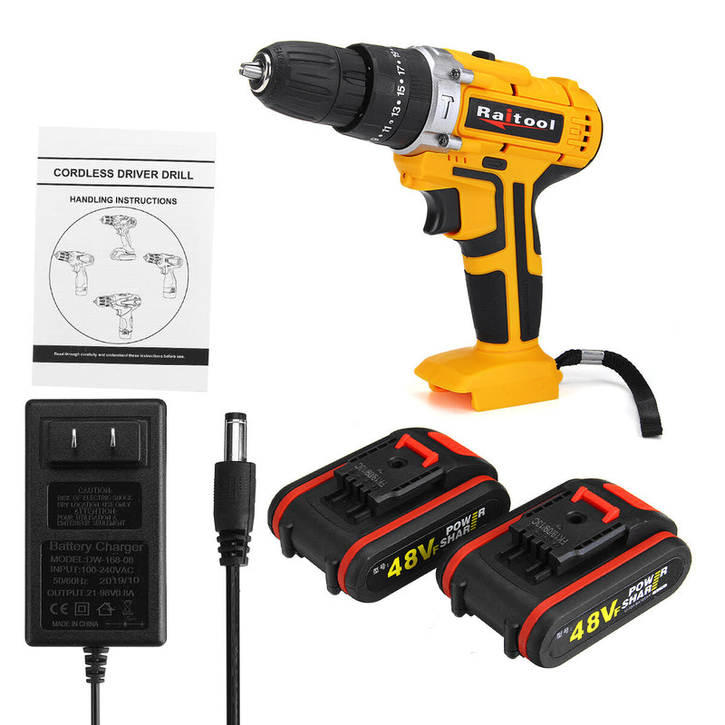 Raitool 48VF Cordless Electric Impact Drill Rechargeable 3/8 Inch Drill Screwdriver with Li-ion Battery