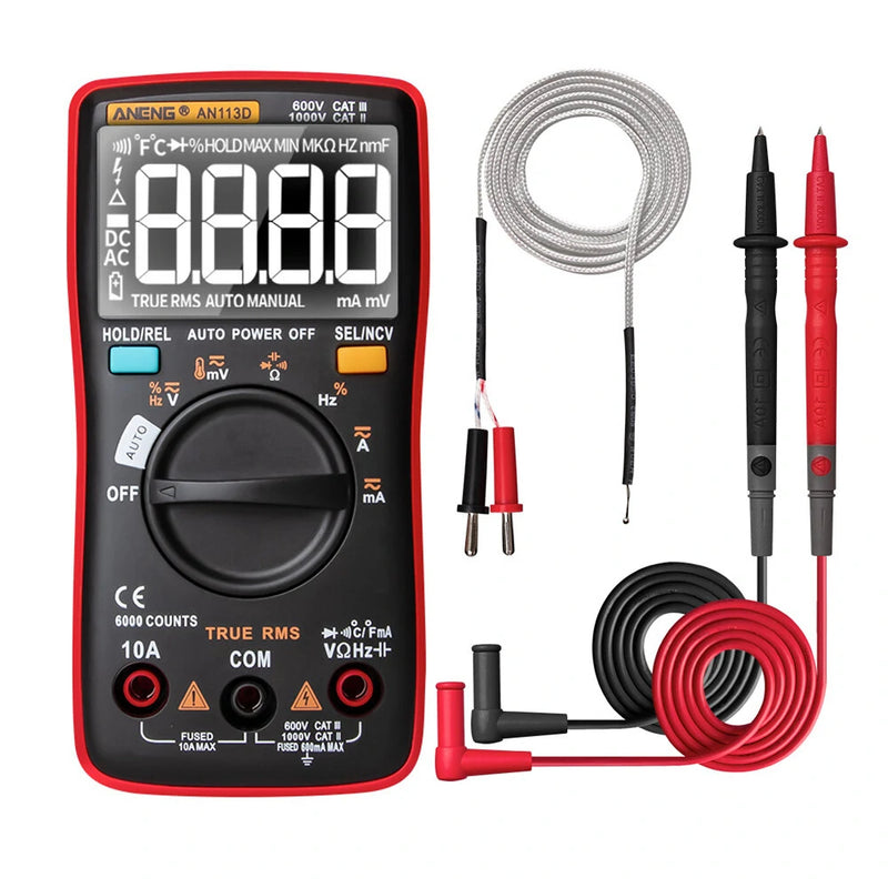 ANENG AN113D Intelligent True- RMS Digital Multimeter 6000 Counts Resistance Diode Continuity Tester Temperature AC/DC Voltage Current Meter