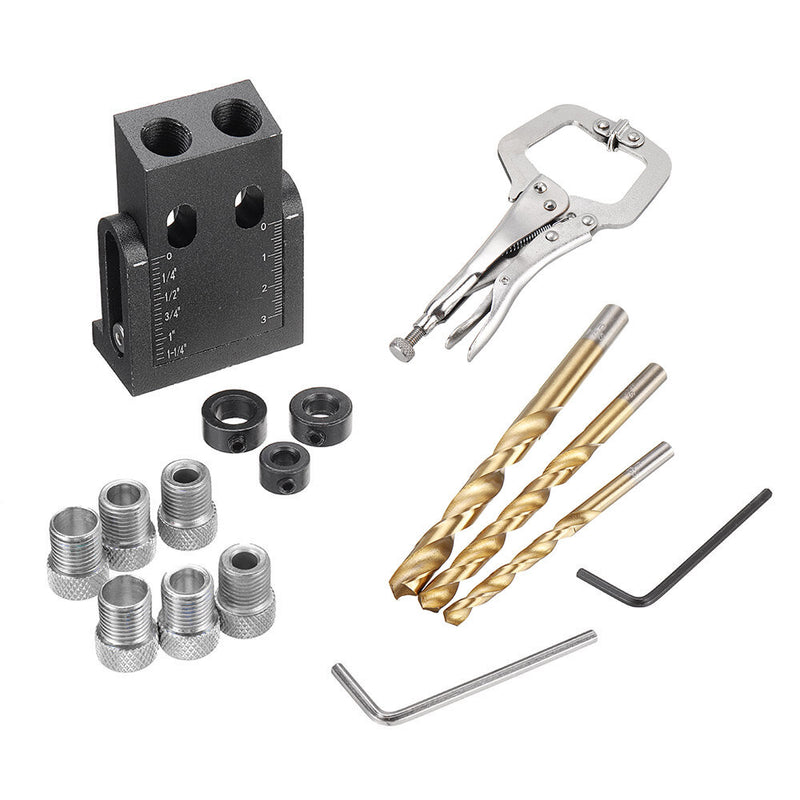Drillpro 15pcs Pocket Hole Jig Kit 6/8/9.5mm Angle Drill Guide with Titanium Coated Drill Bits Woodworking Tool